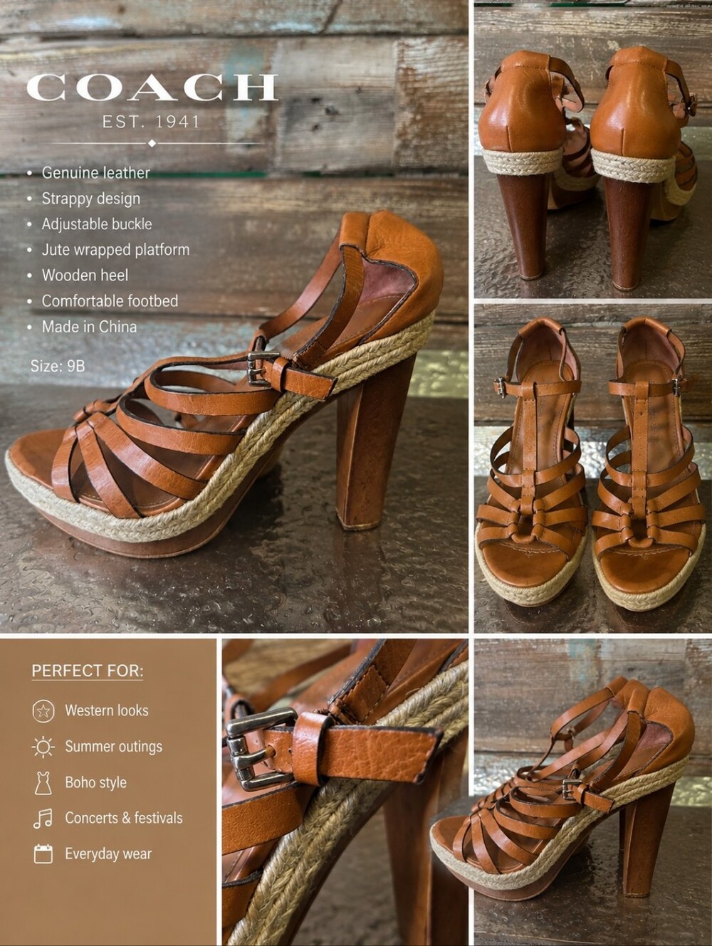 Coach Leather Strappy Platform Heels Tan Brown Espadrille Size 8B